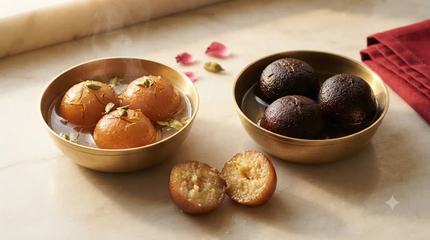 Gulab jamun and kala jamun side by side in brass bowls of syrup, one golden brown and one almost black