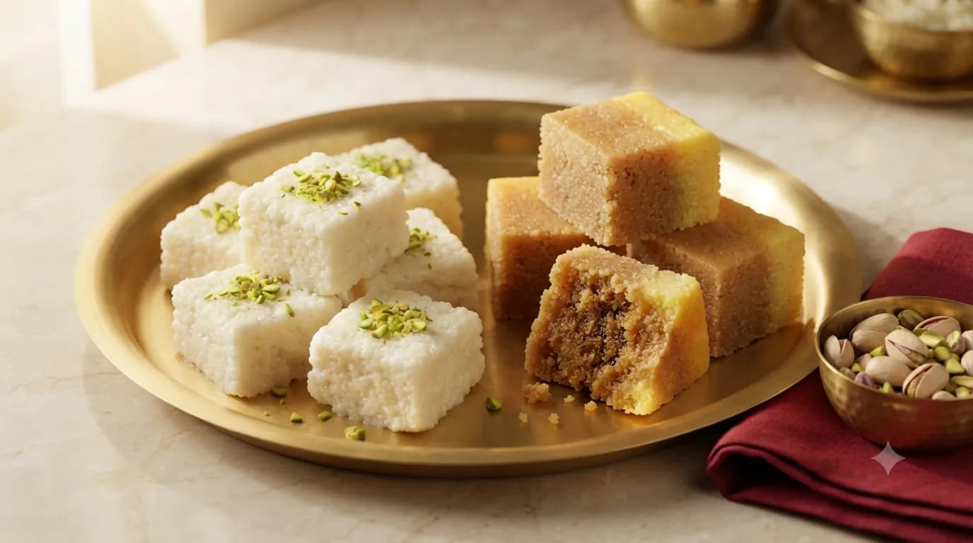 Milk cake and kalakand side by side on a brass plate, one golden and grainy, one soft and milky white with pistachio