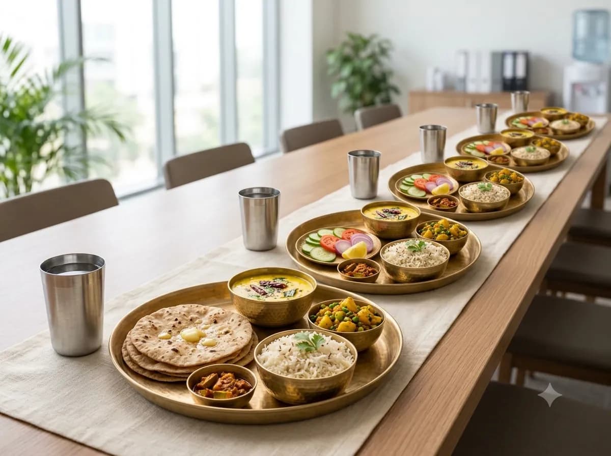 Rasoi Tiffin meals from Laxman Bikaner laid out for an office lunch in Faridabad
