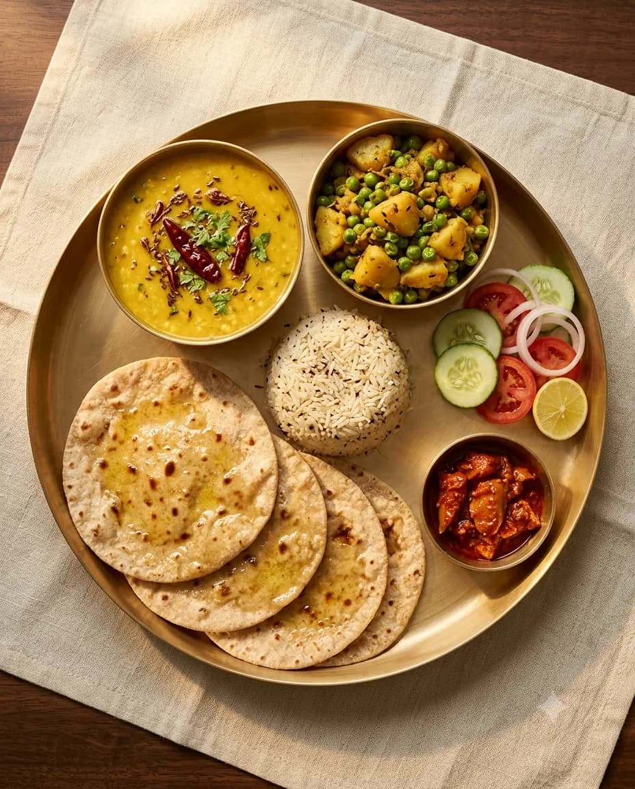 Rasoi Tiffin from Laxman Bikaner, Ballabgarh: dal, sabji, jeera rice, desi ghee tawa roti, salad and achaar on a brass thaal