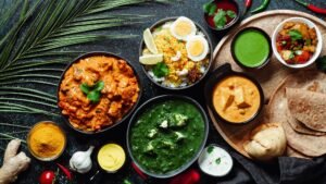 Indian food and indian cuisine dishes, copy space