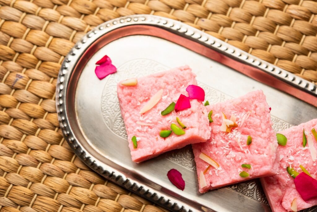 Rose Kalakand pink barfi or burfi also known as flavoured Mishri Mava Or Khoa Milkcake mithai